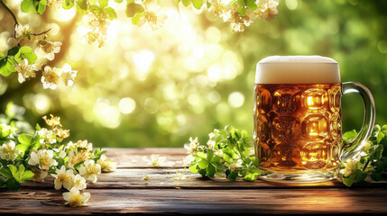 Refreshing mug of beer on wooden table surrounded by blooming flowers on sunny bokeh garden background