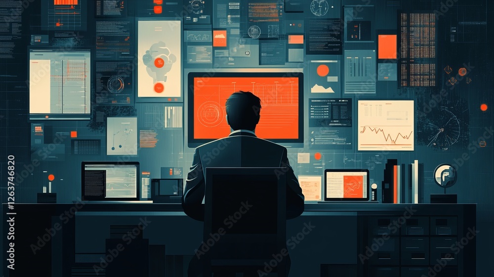 Aufkleber a person sits at a desk surrounded by computer screens displaying data charts and graphs.