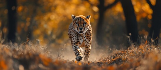 A cheetah gracefully running through a vibrant autumn forest, leaves swirling in the air