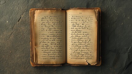 Obraz premium An antique book with handwritten text, opened on a textured stone surface. The weathered pages and vintage handwriting evoke nostalgia and historical intrigue. AI generated.