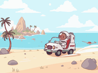 Island Getaway: Astronaut Traveling by Car in Otherworldly Setting
