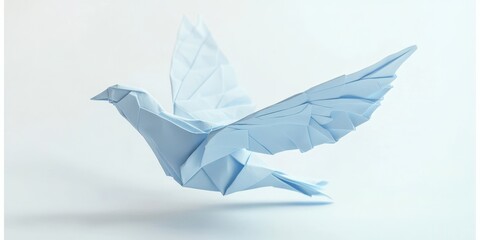 Obraz premium A delicate light blue origami bird, its layered paper wings gracefully unfurled, tilting slightly to the left, evoking a sense of poised flight