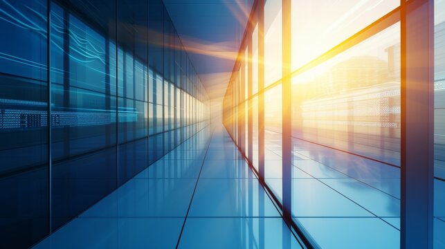 A vibrant futuristic glass hallway with dynamic light effects, reflecting innovation and modernity, perfect for themes of technology and progress. AI generated.