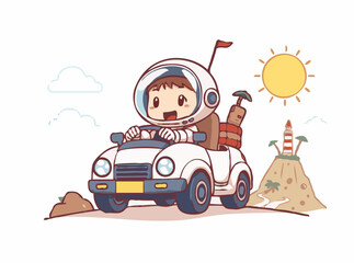 Exploring Tourist Islands: Astronaut Driving Car Vector