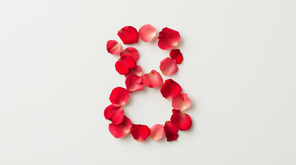 Sophisticated Women&acirc;s Day composition with a figure 8 crafted from vibrant rose petals, conveying beauty and strength, ideal for March 8 celebrations and floral-themed cards.Women&acirc;