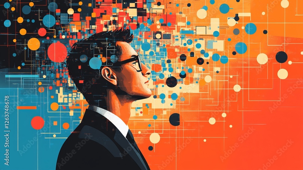 Poster abstract illustration of a man's profile with colorful geometric shapes and lines representing data 