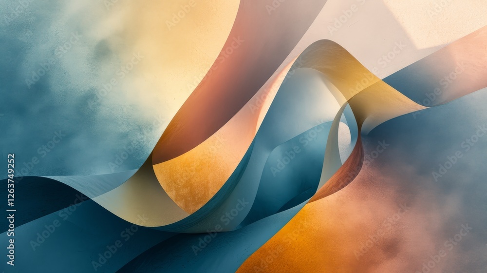 Poster elegant, flowing ribbons intertwining in warm orange and cool blue tones, creating a captivating int