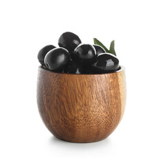 Wooden bowl with tasty black olives on white background