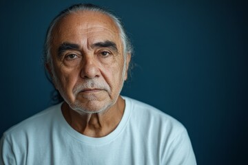 Elderly man with gray hair poses against a blue background, showcasing wisdom and experience in a simple white shirt