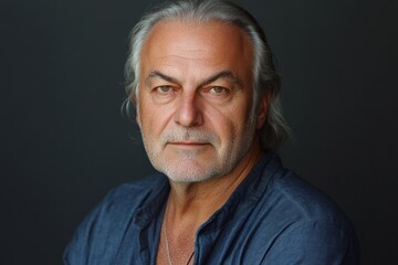 Obraz premium Mature man with silver hair and intense gaze wearing a navy shirt poses for a close portrait against a dark background
