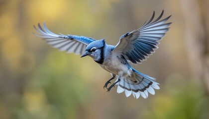 Naklejka premium Stunning blue jay in mid-flight with wings fully extended showcasing its vibrant blue and white feathers against a blurred natural background creating a dynamic and elegant wildlife scene