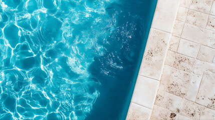 Swimming pool with clean ripple transparent turquoise blue water. Sunlit outdoor swimming poolside with pool tiles imag