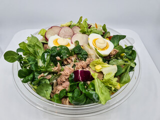 This is a delightful Fresh Salad featuring Tuna, Eggs, and a variety of Mixed Greens