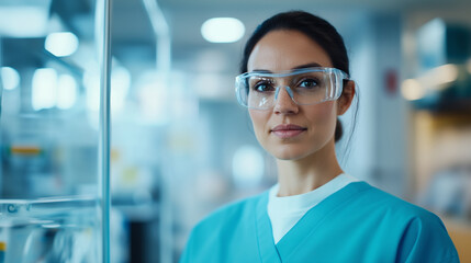 Fototapeta premium Portrait of a confident female surgeon wearing scrubs and protective glasses .