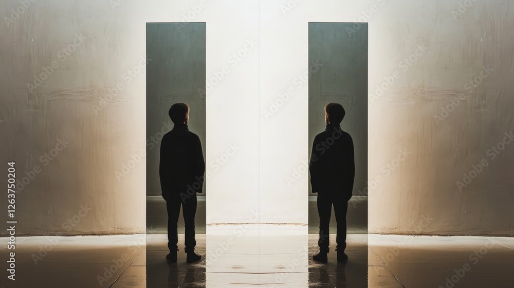 Poster symmetrical composition showing a man reflected between two vertical panels, evoking a sense of bala