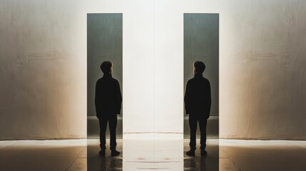 Fototapeta premium Symmetrical composition showing a man reflected between two vertical panels, evoking a sense of balance and contemplation. AI generated.
