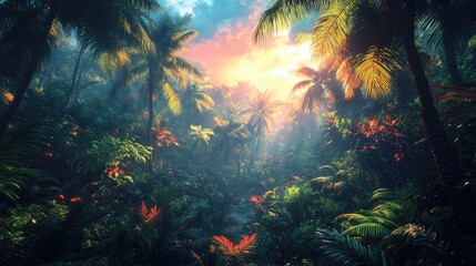 Obraz premium Tropical jungle sunrise, lush vegetation, path through the trees, nature, stock photo