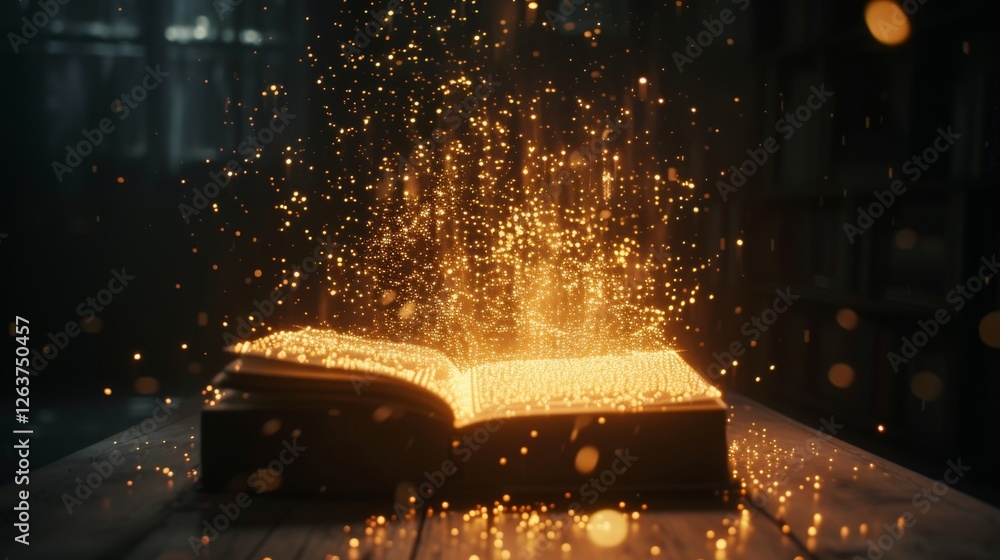 Aufkleber an open book glowing with magical golden light particles, creating an enchanting atmosphere. perfect