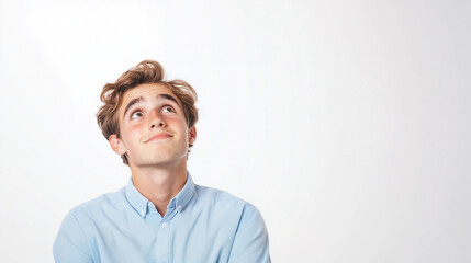 Obraz premium Portrait of a young Caucasian man, lost in thought and considering his future, with aspirations of starting a new business. He gazes upwards, reflecting on his plans. Isolated on a
