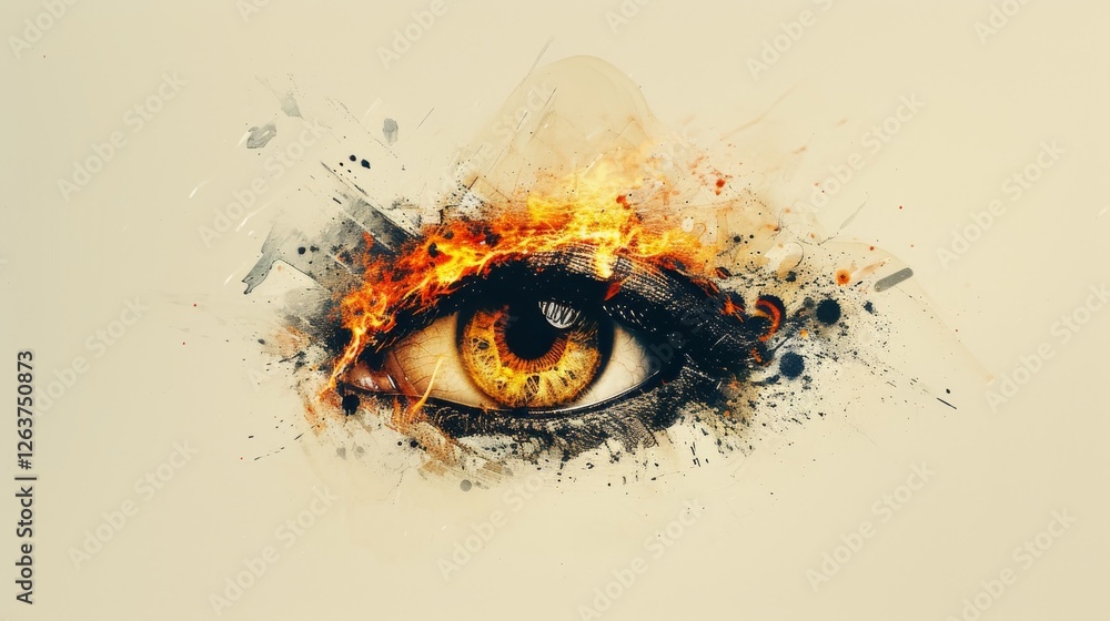 Aufkleber an artistic rendition of a fiery eye surrounded by splattered paint and abstract flame effects, blen