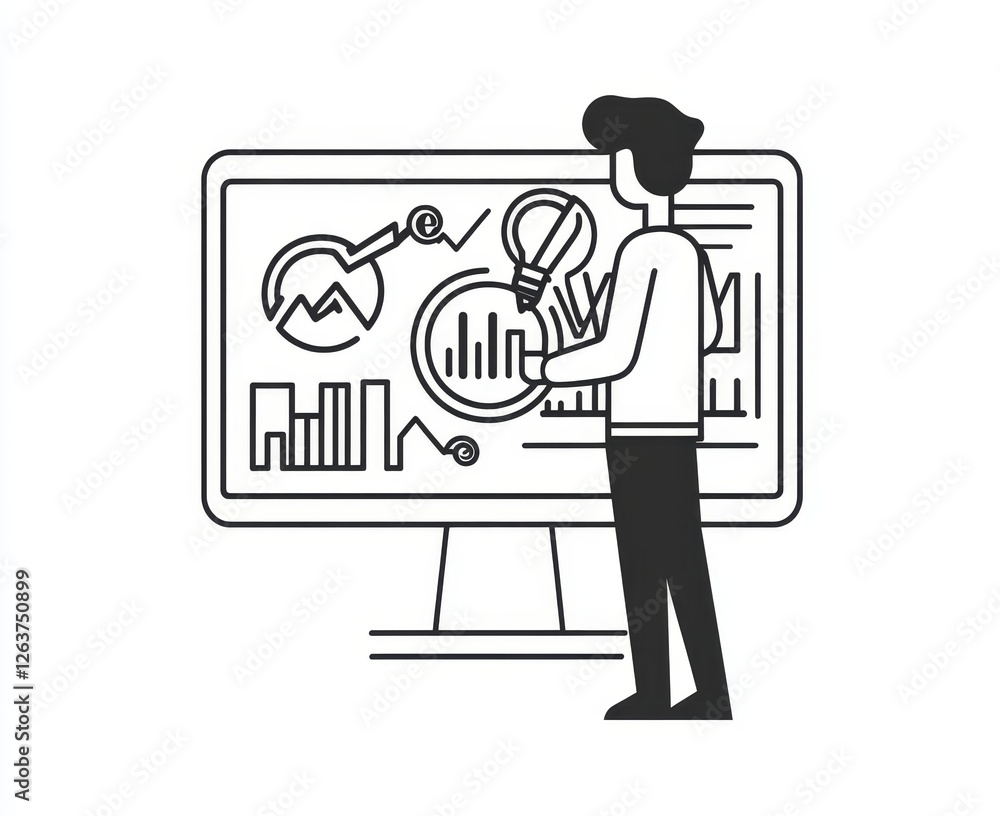 Poster modern line icons for data analysis, including icons for charts, graphs, traffic analysis, big data,