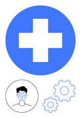 Blue cross in a blue circle, facial recognition pattern on a persons face, and gears symbolizing healthcare, AI, technology, and innovation. Ideal for tech, medical apps, diagnostics progress AI