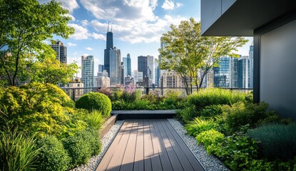 Urban Oasis: Rooftop Garden with City Skyline View