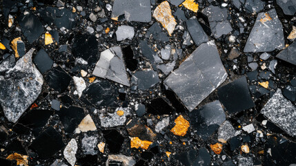 A close-up shot of an abstract terrazzo pattern, meticulously arranged with an aesthetic balance of scattered stone fragments in natural earthy tones