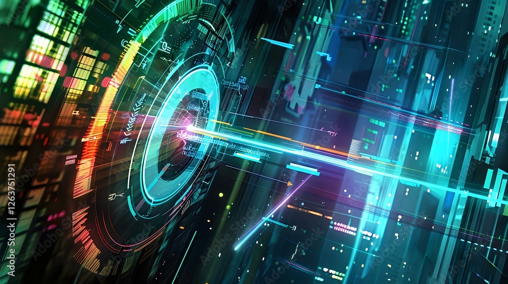 Poster futuristic cyber technology background with glowing neon circles and digital matrix elements in blue