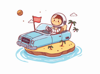 Space Tourism: Astronaut Driving Convertible on Island
