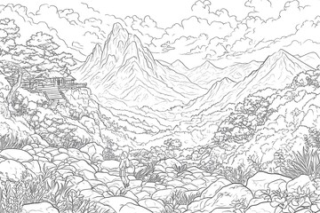 Fototapeta premium Mountain Landscape Coloring Page: Tranquil Scene
