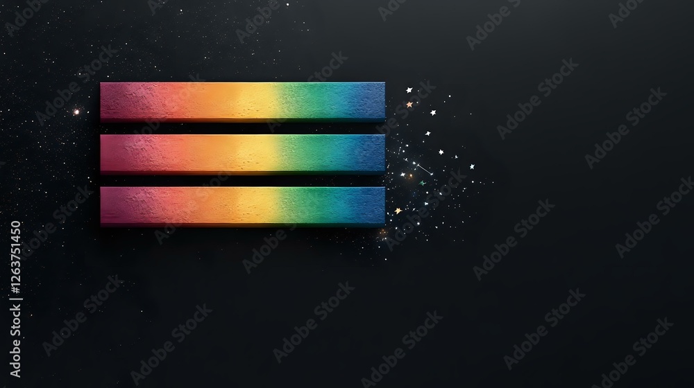 Poster vibrant rainbow spectrum bars dissolve into sparkling particles against dark background, creating dy