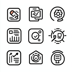 Graphic design-friendly, these data analysis line icons offer a modern outline look with an assortment of simple yet effective symbols, creating a versatile icon set.