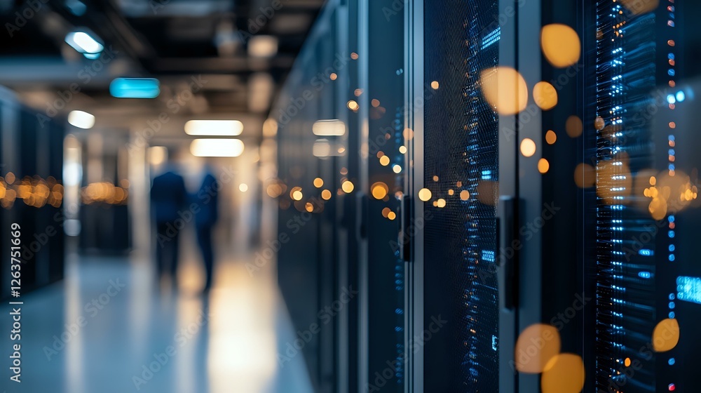 Poster server room with blurred silhouette of technician walking through corridor of data center racks illu