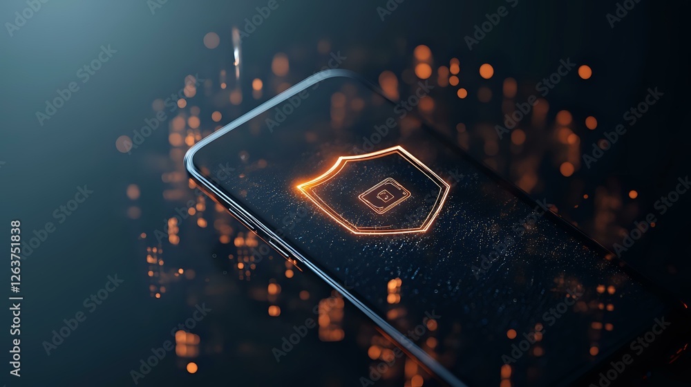 Poster glowing hexagonal symbol on dark smartphone screen with orange bokeh light effects and digital parti