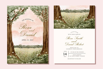 wedding invitation card with beautiful landscape watercolor background