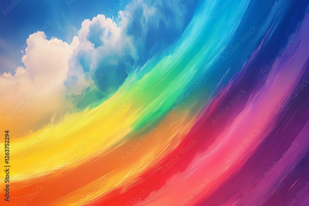 Poster Vibrant rainbow colors flow in smooth curved lines against cloudy sky background, creating dynamic abstract pattern with gradient transitions from yellow to purple.