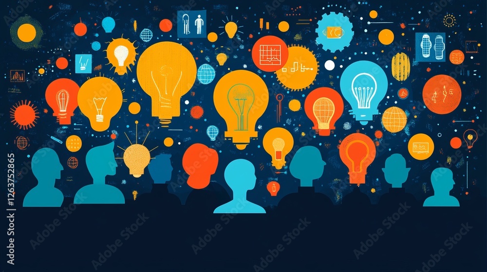 Poster brainstorming session with diverse people generating creative ideas and innovative solutions.