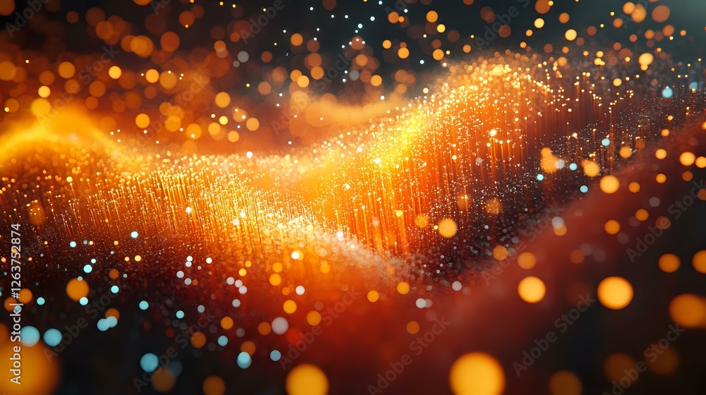 Poster glowing orange and blue particles flow in wave formation against dark background with magical bokeh 