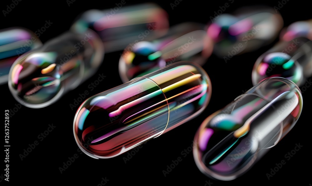 Poster iridescent soap bubbles floating in dark space with holographic rainbow colors and elongated oval sh