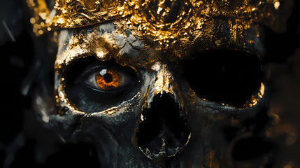 A close-up of a human skull wearing a golden crown. the skull has one eye and is covered in gold paint. it is set against a dark background. Gilded Skeleton Kings. Illustration