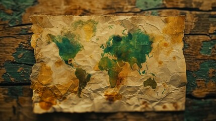 Naklejka premium Unique abstract world map design depicted on aged, crumpled paper, showcasing vintage tones and artistic focus on the fragility of global systems. AI generated.