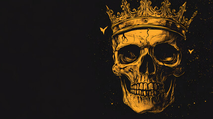 A detailed illustration of a human skull wearing a golden crown on a black background. Gilded Skeleton Kings. Illustration