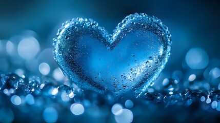 Obraz premium Sparkling heart shape formed by water drops against dark blue bokeh background, romantic macro photography for Valentine's Day and love concepts.