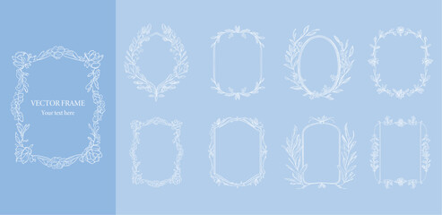 Floral Frame set . Hand drawn Botanical vector illustration. Flower line wreath white color.