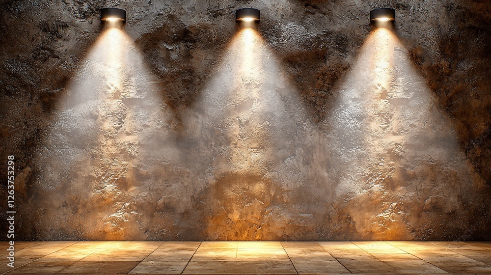 Canvas Prints Three spotlights illuminate a rustic stone wall, wooden floor; perfect for presentations