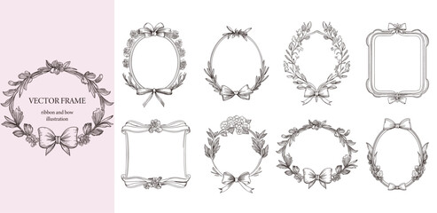 Floral Frame with ribbon and bow set . Hand drawn Botanical vector illustration. Flower wreath Black and white.