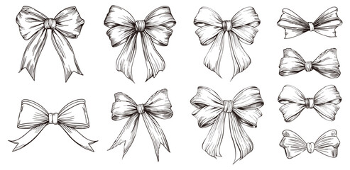 Set of sketched bow and ribbon. Hand drawn vintage line art vector illustration.