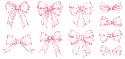 Set of pinl sketched bow and ribbon. Hand drawn vintage line art vector illustration.