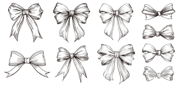 Set of sketched bow and ribbon. Hand drawn vintage line art vector illustration.